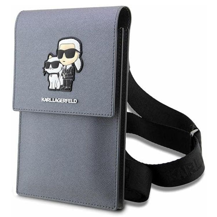 Karl Lagerfeld Saffiano Phone Pouch with K&C NFT Logo, Adjustable Shoulder Strap, Multiple Compartments, 3 Card Slots, Water Resistant - Silver