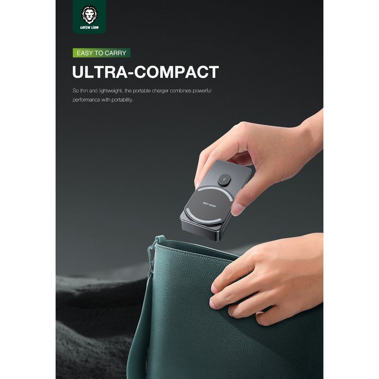 Green Lion 5000mAh Milton Powerbank with Pure Cobalt Battery, 15W Wireless Charging, Strong Magnetic, Smart Chip - Black