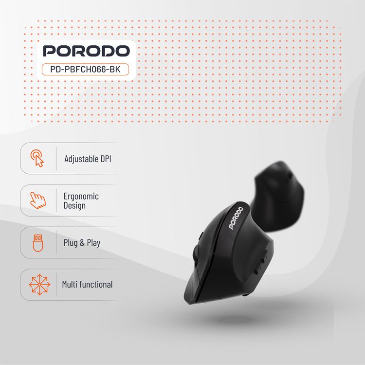 ماوس لاسلكي عمودي بدقة 4000 نقطة في البوصة من بورودو مع بطارية بسعة 500 مللي أمبير في الساعة، إصدار بلوتوث 5.1، نطاق فعال 10 أمتار، اتصال لاسلكي 2.4 جيجا هرتز، دقة قابلة للتعديل، توصيل وتشغيل، تصميم مريح - أسود