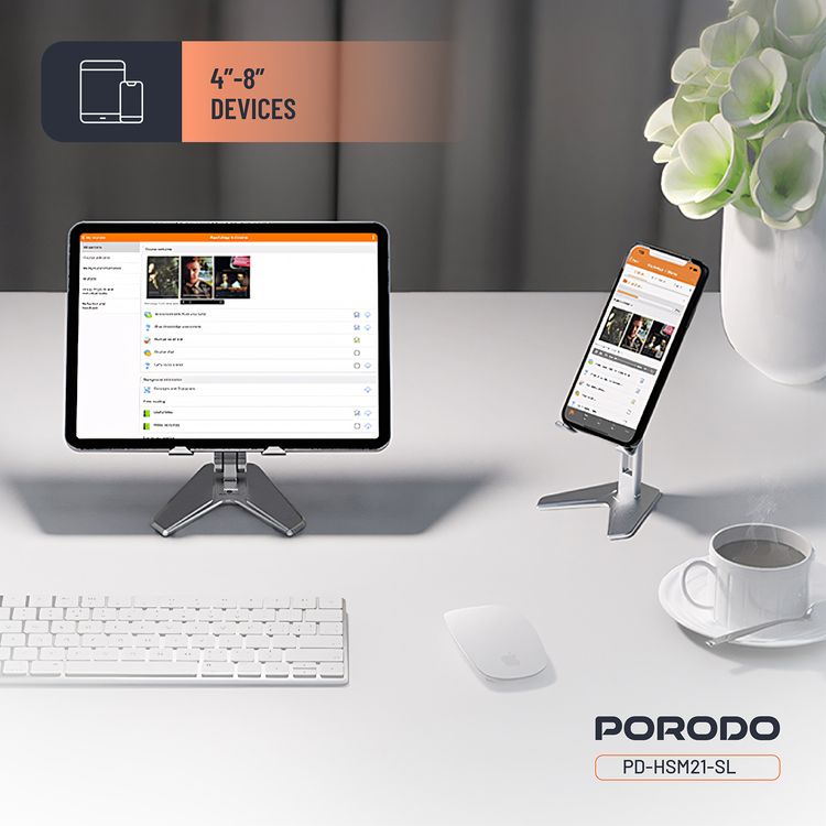 Porodo Aluminum Alloy Mobile Stand with Flexible Viewing Angle, 4" to 8" Phone Compatibility, Horizontal & Vertical Modes, Stable & Non-Slip Base, Foldable Design - Silver