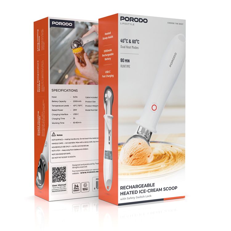 Porodo Rechargeable Heated Ice Cream Scoop with Dual Temperature Modes, 2000mAh Battery, 60-80 Minutes Unloaded Endurance, Rapid Heating Technology, Safety Switch Lock - White