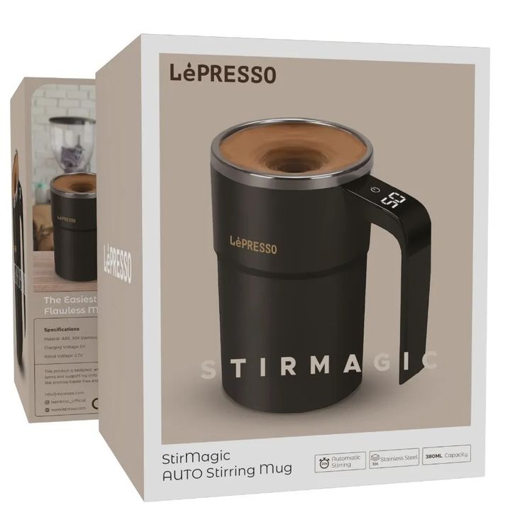 LePresso Auto Magnetic Stirring Cup with Touch Control, Stainless Steel, Patented Design, Temperature Display, Detachable Magnetic Rod - Black