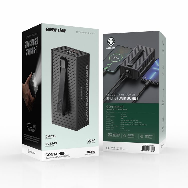 Green Lion Container 30000mAh Power Bank with 4 in 1 Charging Cable, Built-in Flashlight, Digital Display, PD20W Fast Charging, QC3.0 22.5W, Built-in Carry Strap - Black