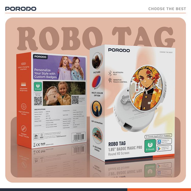 Porodo Robo Tag 1.85" Badge Magic Pro with Round HD Screen, USB-C Charging Interface, Adjustable Brightness, High-Definition Screen, Badges Image Transfer, Bluetooth Version 5.4, Sensitive Touch Control, Multi-Color Option, Image Display + GIF Animation + 3-Second Video Display Mode - White