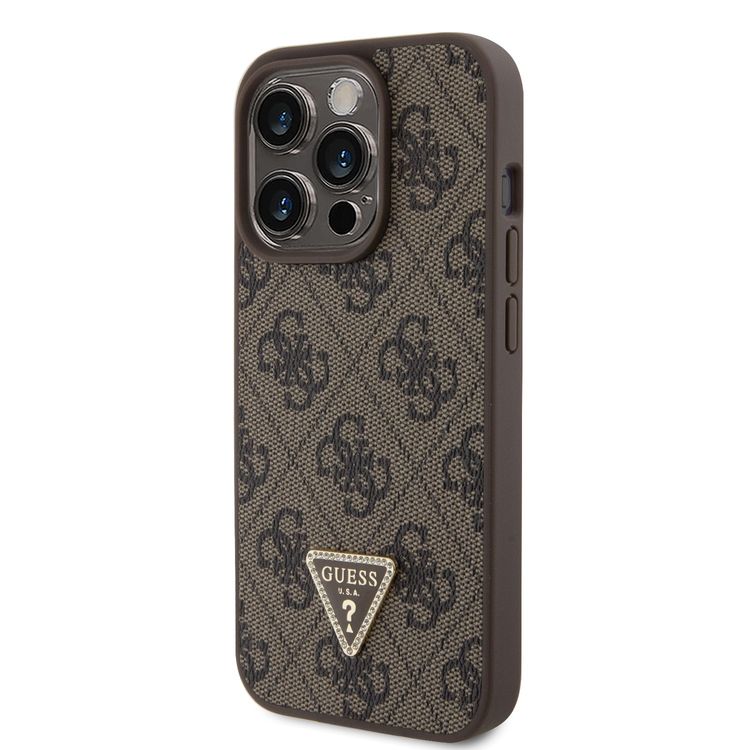 Guess PU Leather Case with 4G Triangle Strass & Triangle Logo - Brown - iPhone 15 Pro