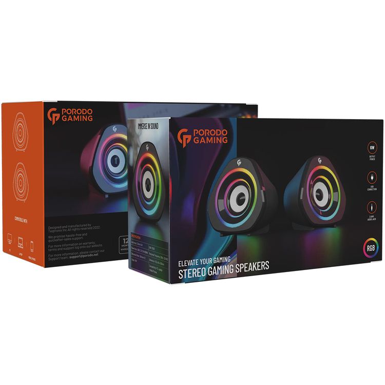 Porodo Gaming Stereo Gaming Speakers with RGB Lightning, 35dB Signal-to-Noise Ratio, 6W Power Output, 3.5mm Audio Jack, USB Connection, PC, Laptop & Mobile Phone Compatibility - Black