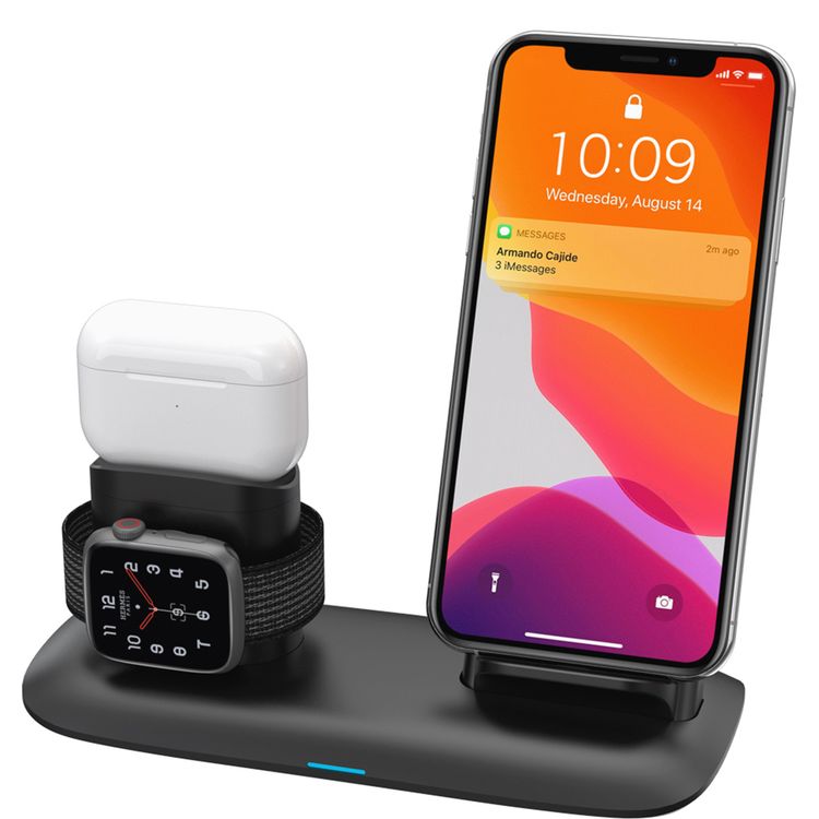 Porodo 4-in-1 Charging Station with Built-in Lightning Connector, Magnetic Charging for AirPods & Smartwatches, 10W Phone Output, 2W Watch Charger Output, Qi Standard - Black