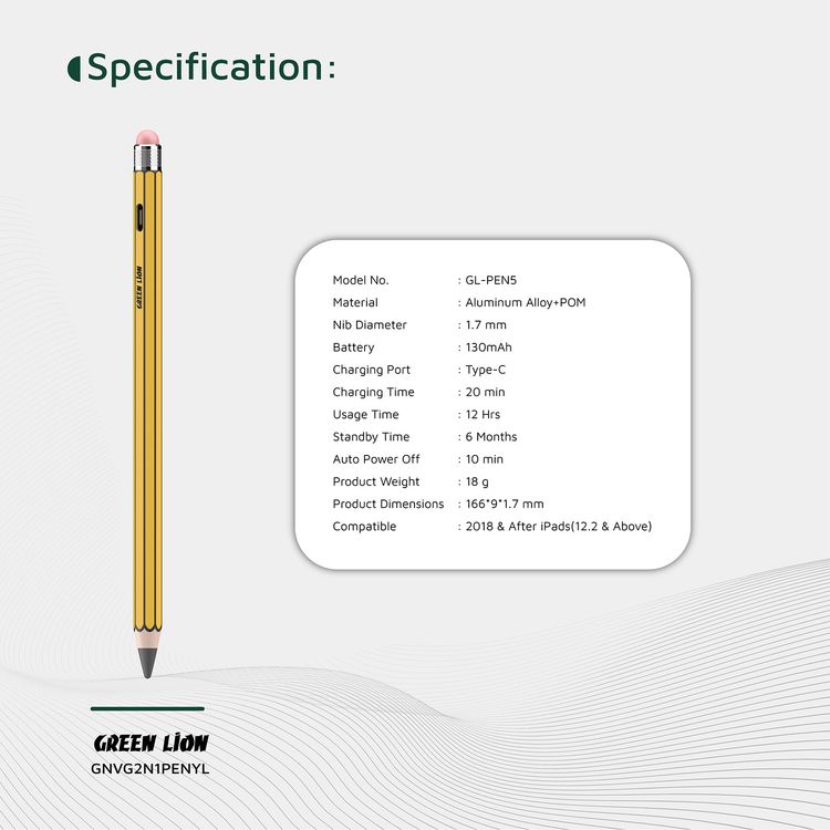 Green Lion Vintage 2-in-1 Stylus Pencil with Up to 12 Hours Working Time, 1.7mm Nib Diameter, Removeable & Replaceable Tip, 130mAh Battery Capacity, Palm Rejection - Yellow