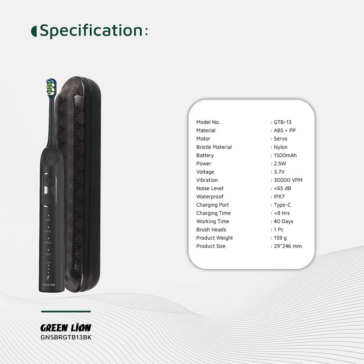 Green Lion Smart Brush 60° Ultrawide with Multifunctional Servo Motor, 2 Minutes Smart Timing, Up to 80 Uses Possible Per Each Charge, Soft Silicone Support, Travel Case Included, 60° Rotation, 30 Seconds Vibration Reminder - Black