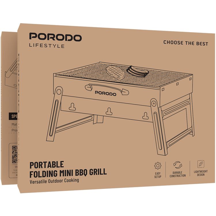 Porodo Lifestyle Portable Folding Mini BBQ Grill with Grill Spatula and Fork Set, BBQ Grill Net, Hand Hooks, Lightweight Design, Durable Construction, Easy Setup - Black