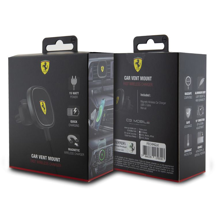 Ferrari Magsafe Car Charger with USB-C Cable, 15W Power, ABS & Aluminum Material, Quick Charging, Magnetic  Wireless Charger, Safe Assurance, Overheat Protection, Usable Horizontal & Vertical Position, 15° Direction Up & Down Adjustment - Black