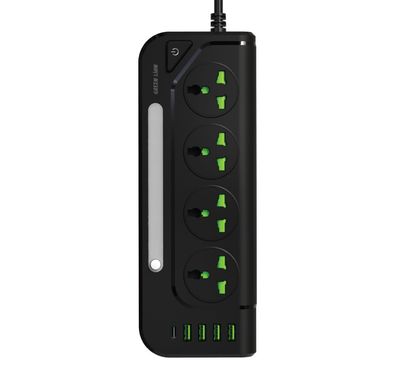 Green Lion GS-100 Power Socket 3000W, Universal Compatibility, 750° Flame Retardant, Over-Voltage Protection, Child Safety Door, 2m Cable Length - Black 