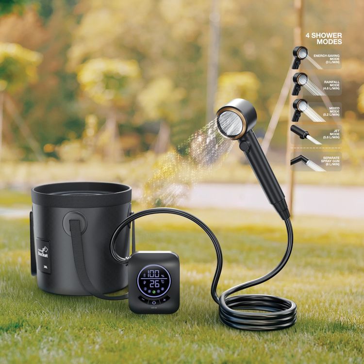 دش التخييم غرين ليون بشاشة رقمية، معدل تدفق الماء من 5-10 لتر/الدقيقة، سعة البطارية 8000 مللي أمبير، سعة حقيبة الماء 20 لتر، مدة العمل من 80-180 دقيقة، 4 وضعيات دش - أسود