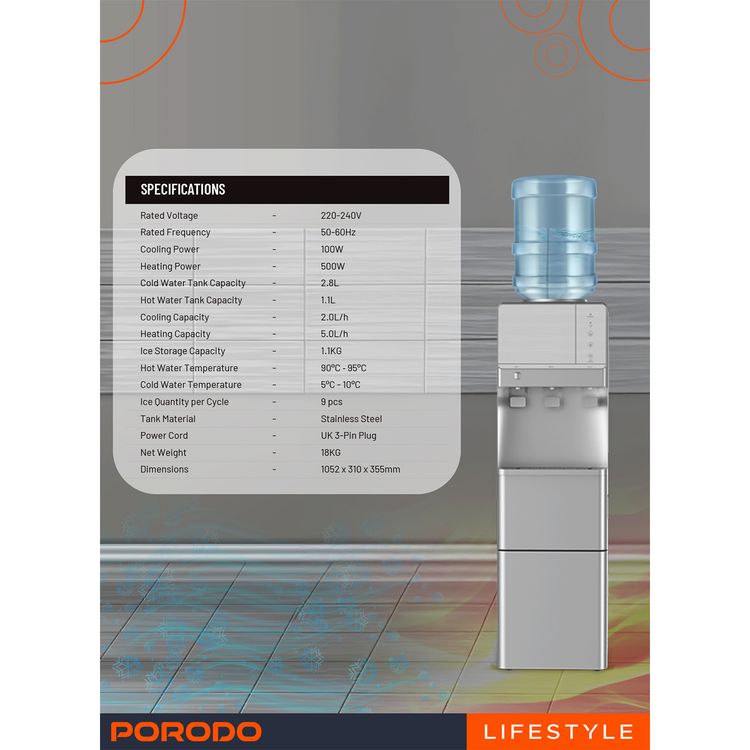 Porodo Lifestyle Water Dispenser & Ice Maker with 5°C - 10°C Cold Water Temperature, Child Safety Lock, Energy Efficient, Top Load Design, 9 Pieces of Ice per Cycle - Silver