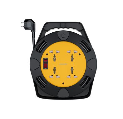 Porodo 4 AC Portable Power Sockets Reel with Carrying Handle, 2500W Power, US, AU, EU, & UK Plug Compatibility, Easy Cable Winding, 10m Cable Length - Black
