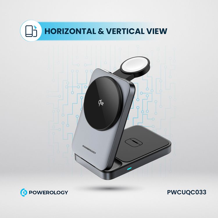 Powerology 3-in-1 Foldable Wireless Magnetic Charging Hub, Fast Charging, Multi-Device, Horizontal & Vertical View, Type-C Input Interface, Lightweight & Portable, Qi2 for iPhone 15 & 16, 15W Magsafe Power, 2.5W Watch Power, 5W Earbuds Power, 9V/3A & 12V3A Input, Foldable Design - Black