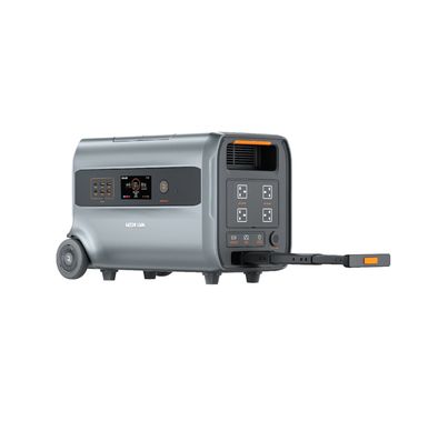 محطة الطاقة جرين ليون RG-2400 مع نظام عربة مدمج، عجلات مطاطية بحجم 4.75 بوصة، 4 منافذ كهرباء AC، 6 منافذ USB، نمط ضوء مستقر، إجمالي قوة 2780 واط، منفذ إخراج ولاعة سجائر، حماية من التحميل الزائد - رمادي