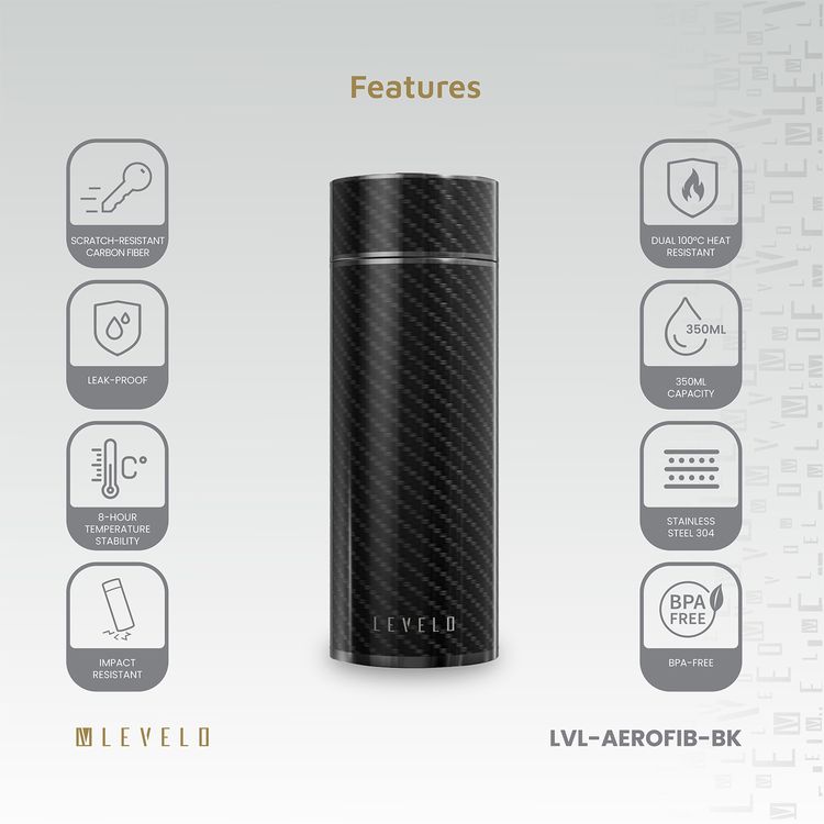 Levelo AeroFiber 350mL Carbon Fiber Bottle, Dual 100°C Heat Resistant, BPA-Free, Leak-Proof, 8-Hour Temperature Stability, Scratch-Resistant Carbon Fiber, Odor-Free - Black