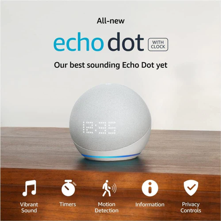 مكبر صوت ذكي Echo Dot (الجيل الخامس، إصدار 2022) مزود بساعة وأليكسا - أبيض جليدي