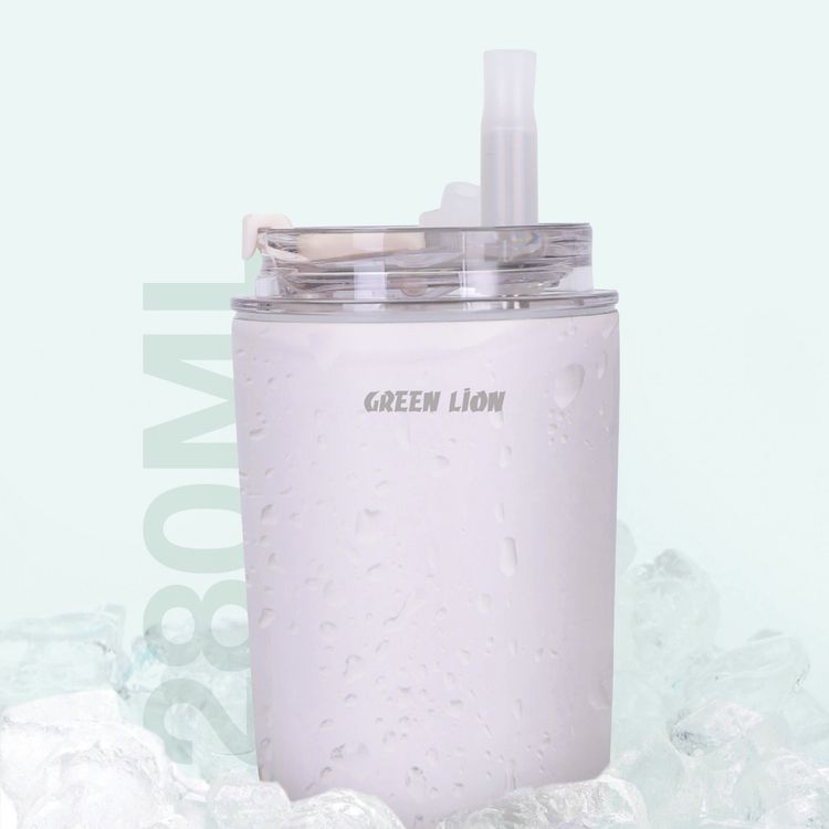 Green Lion Vacuum Travel Mug Lite, 280 mL Capacity, Keeping Hot for 6 Hours and Cold for 12 Hours, Food Grade Silicone Straw, Food Grade Stainless Steel Cup - White