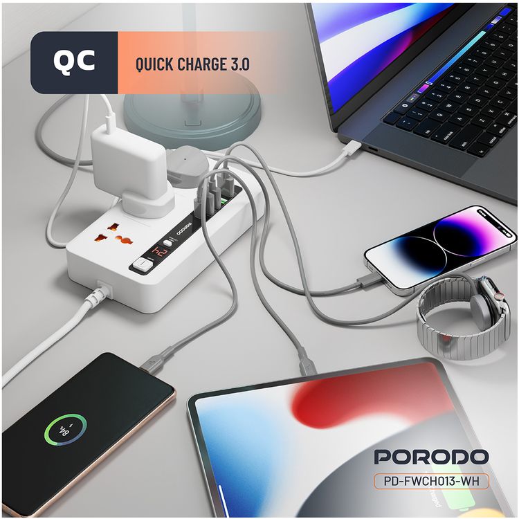 Porodo Multi-Port Power HUB Ultimate Home & Office Kit with 4 USB-A & 1 USB-C, 2m Cable Length, Built-in Safeguard, Over-Heat Protection, LED Display - White