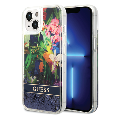 Guess Liquid Glitter Case with Flower Pattern Extra Shine Smooth Touch Feel iPhone 14 Compatibility - Blue