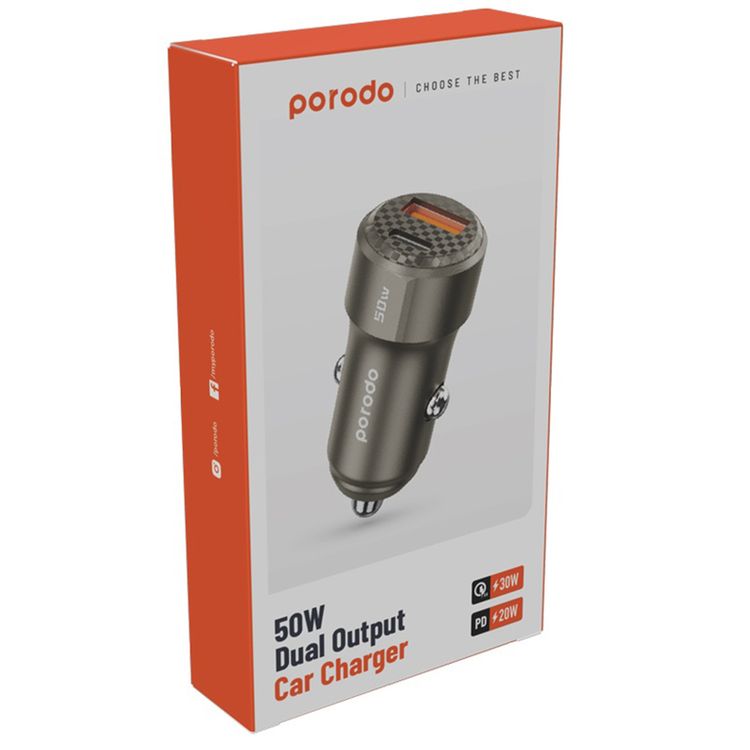 Porodo 50W Dual Port Car Charger, 20W Power Delivery, Simultaneous Fast Charging, 30W Quick Charge, Multi Protection, Carbon Fiber Print, Lightweight & Portable - Titanium
