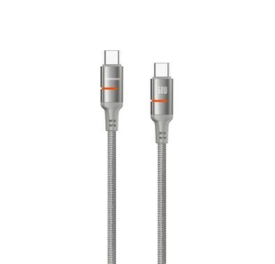 كابل بورودو USB-C إلى USB-C مع ضوء LED بقوة 60 واط، سرعة نقل تصل إلى 480 ميجابت في الثانية، طول الكابل 1.2 متر، شحن سريع ونقل بيانات، سلك مضفر - رمادي
