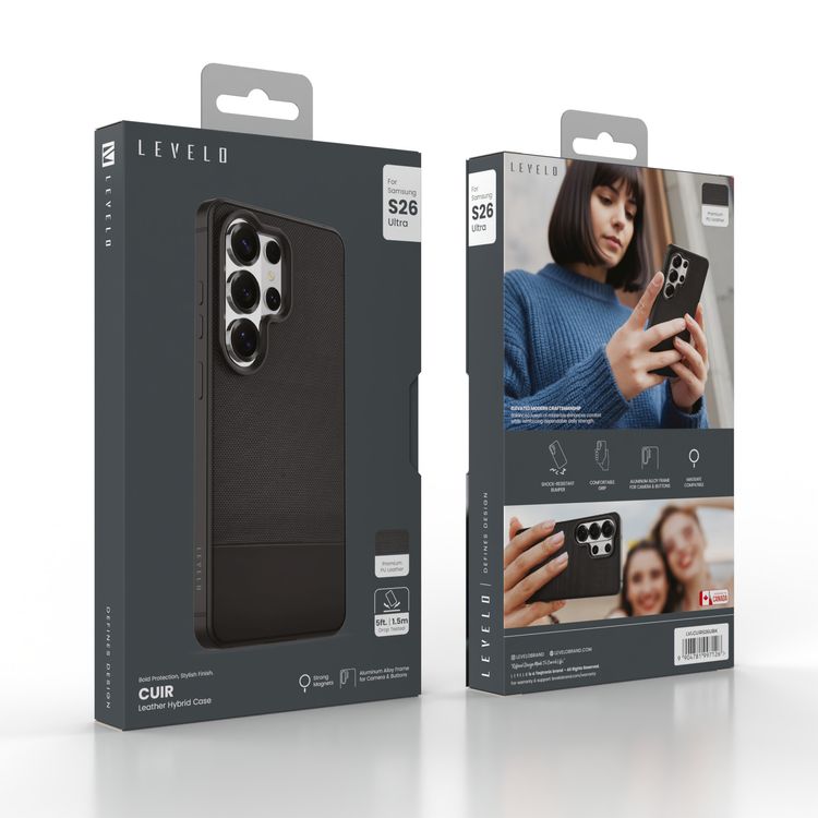 Levelo Cuir Leather Hybrid Case for Samsung Galaxy S26 Ultra with MagSafe Compatibility, Premium PU Leather, 5ft. | 1.5m Drop Tested Height, Strong N52 Magnets, Shock-Resistant Bumper, Comfortable Grip, Aluminum Alloy Frame for Camera & Buttons - Black