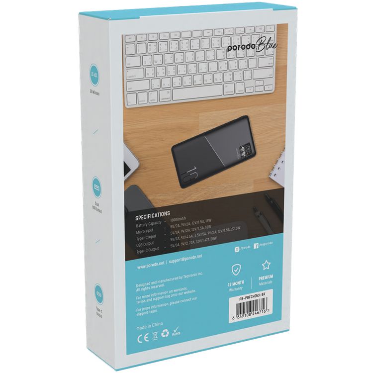 Porodo Blue Quick Charge Power Bank with USB-A & USB-C Outputs, 10000mAh Battery Capacity, Digital Display, 20W Power Delivery - Black