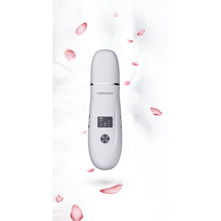 Porodo Lifestyle Ultrasonic Face Scrub & Peeler with LED Display, USB-C Charging, Cleanse, Exfoliate & Revitalize, Easy to Use, 150 Minutes Charging Time - White