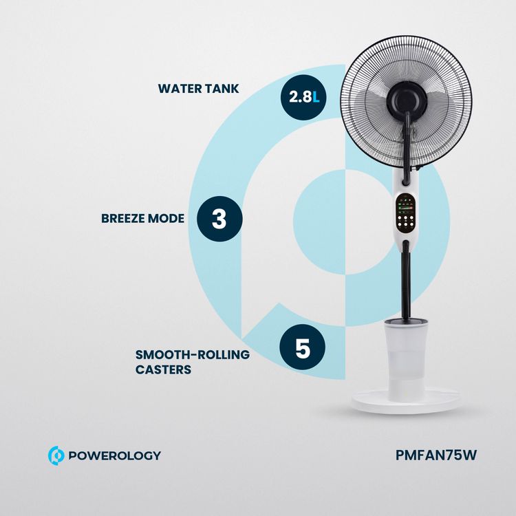 Powerology Tilt & Oscillating Fan Mist Spray & Humidifier, 2.8 L Water Tank Capacity, 3 Speed Settings - Black