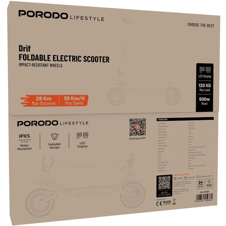 Porodo Lifestyle Drif Foldable Electric Scooter with Impact-Resistant Wheels, LED Display, 500W Max Motor Power, 30km/h Max Speed, 28km Max Distance, IPX5 Water Resistance Level, 120kg Max Load - Black