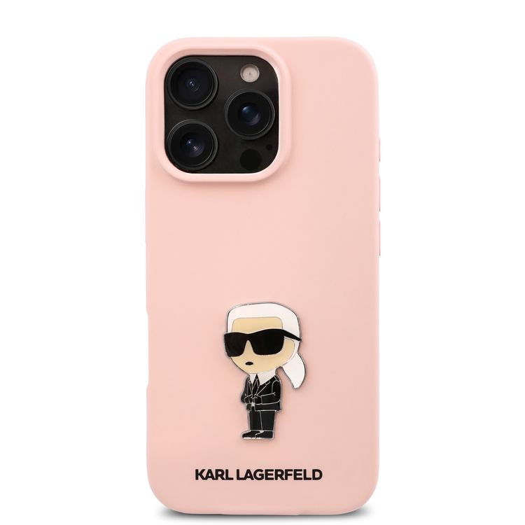 كفر حماية Karl Lagerfeld TPU سيليكون صلب مع شعار Ikonik لهاتف iPhone 16 Pro Max، مادة متينة، قبضة مريحة وآمنة، خفيف الوزن ونحيف - وردي