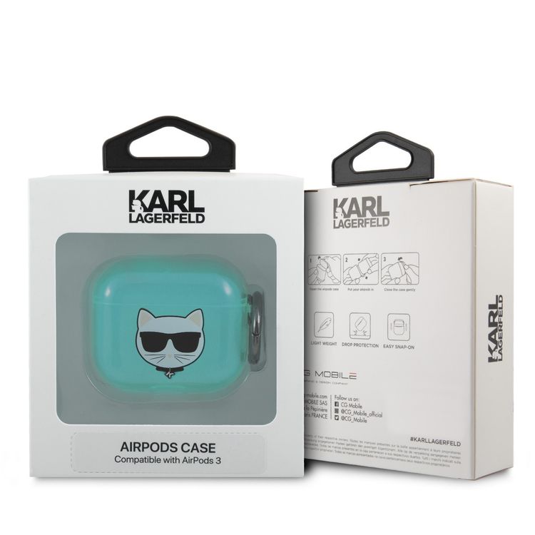 Karl Lagerfeld Choupette Fluo Case for Apple Airpods 3 with Accurate Cutouts, Wireless Charging Support, Easy Snap-on, Protection Against Scratches, Dirt and Minor Drops - Blue