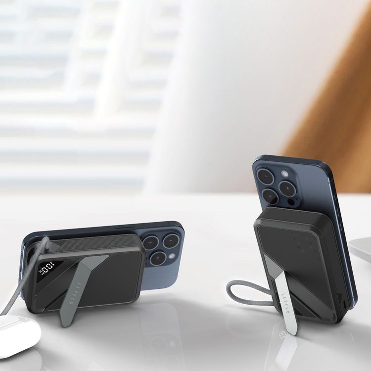 باور بانك Levelo Air Link 10000mAh MagSafe مع حامل وInt، وكابل إدخال/إخراج Type-C مدمج، وحامل مدمج، وشحن سريع Qi2 15 وات، وكابل قبضة، وشحن متزامن - أسود