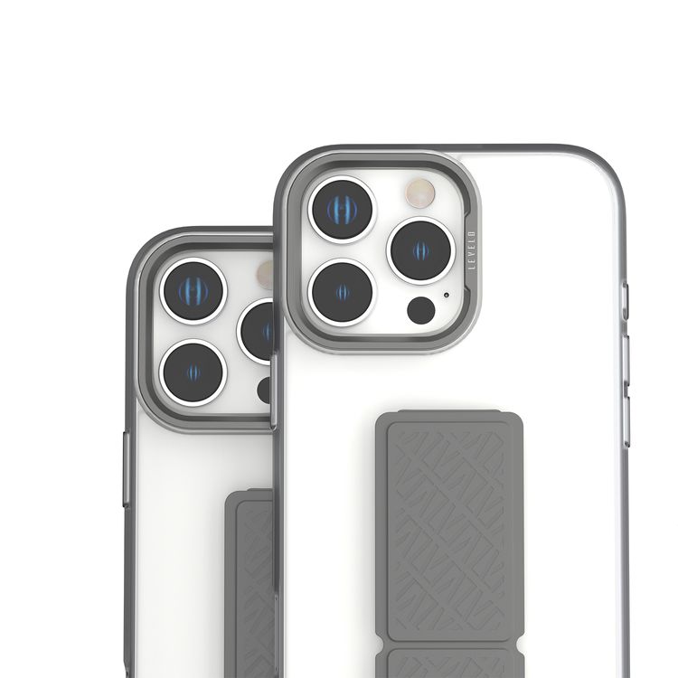 Levelo Morphix Clara Case for iPhone 16 Pro, Hybrid Material, Impact-Resistant Corners, Built-in Leather Grip, Metal Camera Ring - Gray