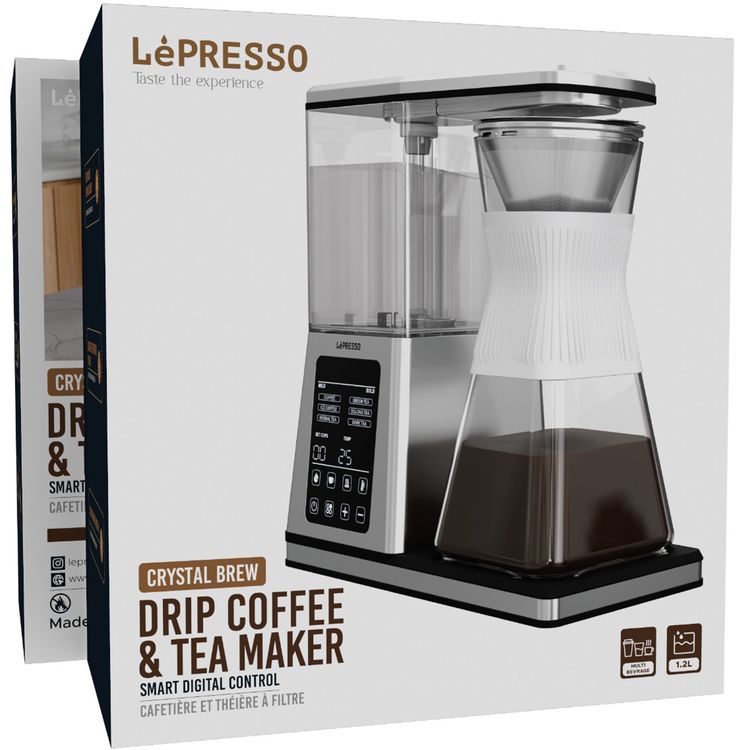 LePresso Crystal Brew Drip Coffee & Tea Maker with Smart Digital Control, 1400W Rated Power, 1.2L Capacity, 220-240V Rated Voltage, Keep-Warm Base, Smart Memory Function, Adjustable Temperature & Customizable Brewing Control - Silver