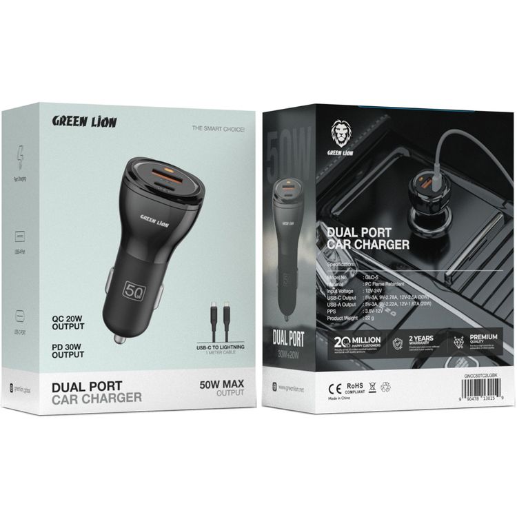 Green Lion Dual Port Car Charger with USB-C to Lightning Cable, PC Flame Retardant Materia, Fast Charging, QC 20W & PD 30W Output Ports, Ultra Portable - Black