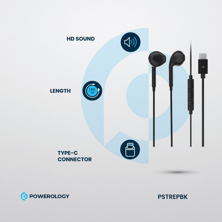 سماعات Powerology ستيريو مع موصل USB-C، طول الكابل 1.2م، قدرة إخراج 3 ميلي واط، جودة صوت عالية الدقة، مقاومة 32Ω - لون أسود