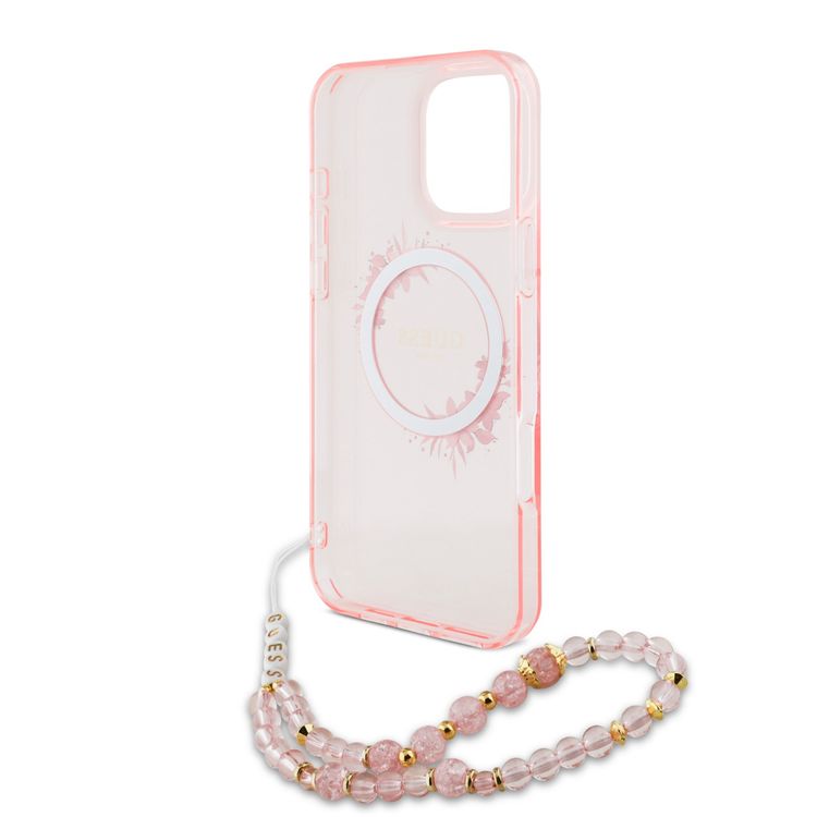 Guess Magsafe IML Hard Case for iPhone 16 Pro Max with Flower Wreath Design & Pearl Strap, Lightweight, Comfortable Grip, Drop Protection -Pink