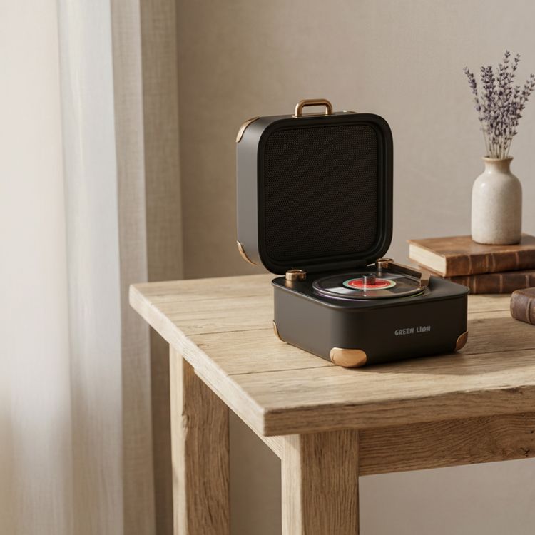 Green Lion Gramo Vinyl Wireless Speaker with 7-Color Ambient Light, Rotating Vinyl Disc, TF Card Playback, Dual-Speaker Wireless Sync, Hands-Free Call, HiFi Sound Quality, Suitcase-Style Foldable Design, Classic Knob Volume Control, Fast & Stable Wireless Connection, Multi-Playback Mode - Black