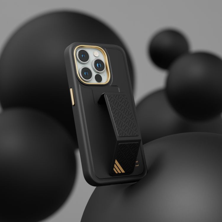 Levelo Morphix Cuero Gripstand Case for iPhone 15 Pro, Multi-Positioning Modes, PU Leather Material, Shock-Proof Edges - Black