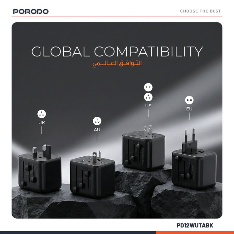 محول سفر عالمي Porodo Dual USB-A بقوة 2.4 أمبير، خفيف الوزن وقابل للحمل، سهل السفر، شحن سريع