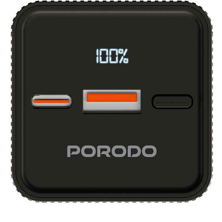 Porodo Lumera 10000mAh Power Bank with Built-in Flashlight, High-Speed Charging, Built-in Safeguards, USB-A & USB-C Output, 350 Lumens Brightness - Black