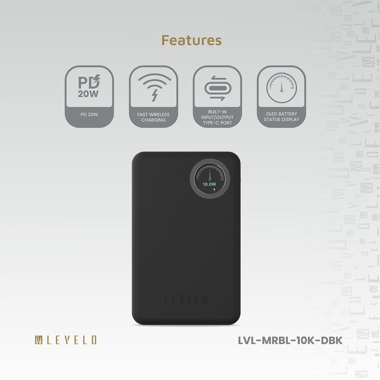 Levelo Marabella MagSafe Leather 10000mAh Power Bank with OLED Battery Status Display, N52 Magnets, 15W Wireless Charging, 20W Power Delivery, Overcurrent Protection - Dusk Black