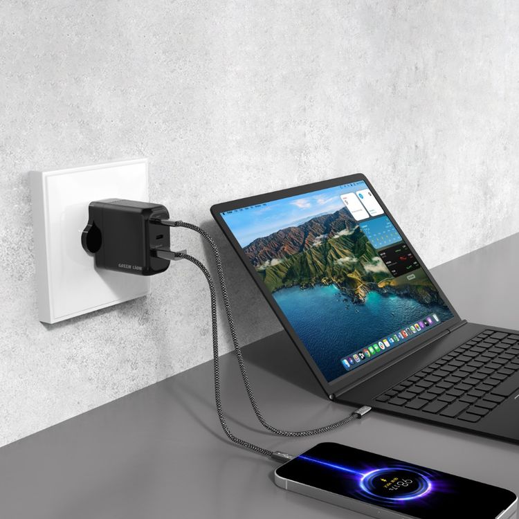 Green Lion Ultra Compact GaN Wall Charger with Type-C to Type-C Cable, PD 65W, 1× USB-A & 2× USB-C Ports, PC Flame Retardant Material, 3-Pin UK Power Plug, Charging Protection, GaN Technology - Black