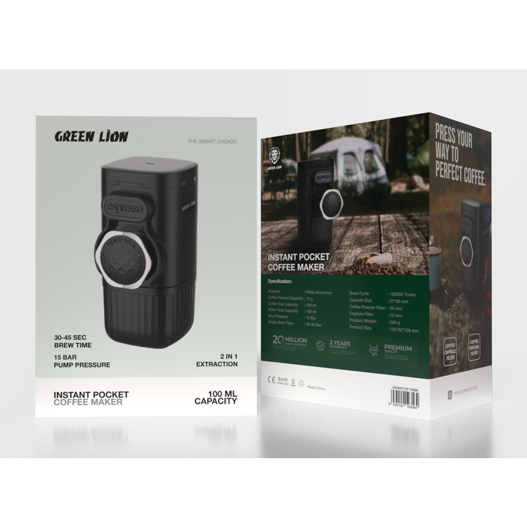 Green Lion Instant Pocket Coffee Maker with 100ml Coffee Cup Capacity, 30-45s Brew Time, 15 Bar Max Pressure, Food Grade Material, Washable and Detachable, Manual Operation - Black