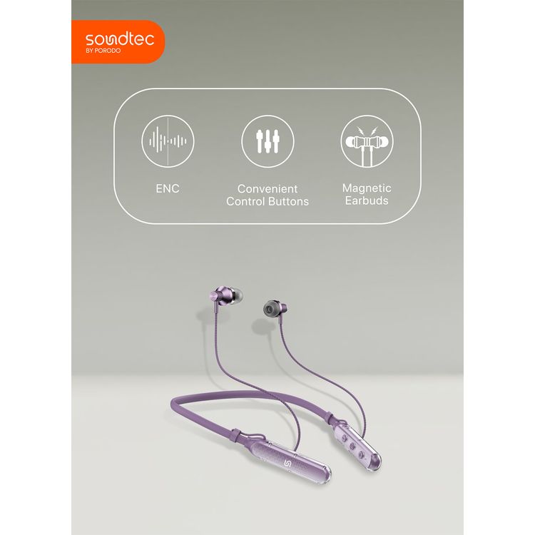 Porodo Soundtec SV Pro Neckband Earphones ENC with 5 Voice Effect Modes, Magnetic Earbuds, 250mAh Battery Capacity, Up to 30 Hours Playtime - Purple