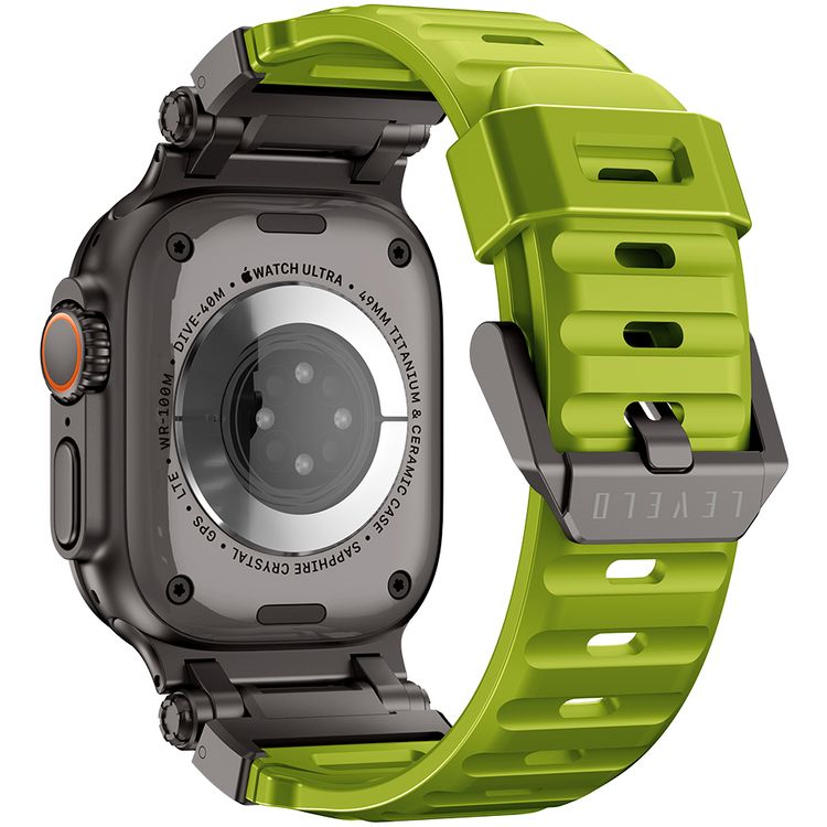 Levelo Kyoto Watch Strap, Apple Watch SE 9/8/7/6/5 (46/49mm), Fluoro Rubber & Stainless Steel Finish, Chemical Resistance, Hypoallergenic, 24/7 Wearability - Acid Green